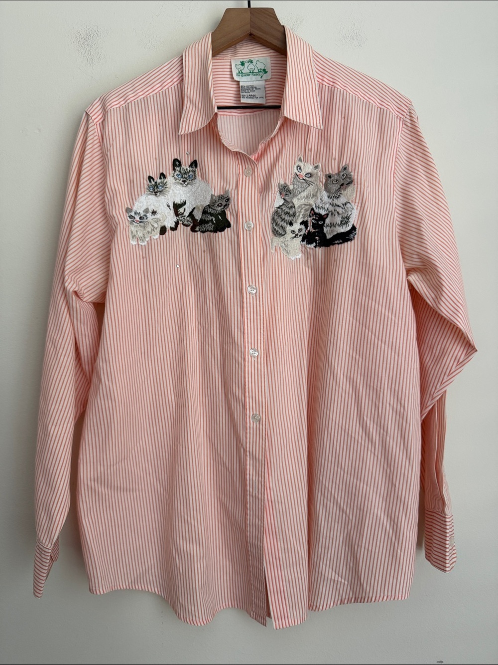 Vintage The‎ Quacker Factory Cat Patch Button Front Shirt Orange stripe L Quirky